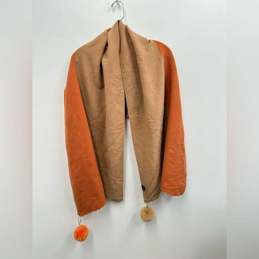 Studio Hop London Orange & Peach Color Block Angora Blend Scarf Pom Poms